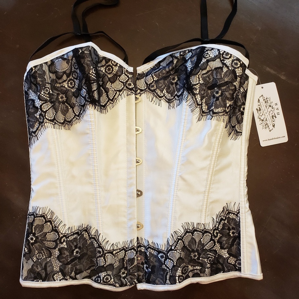 [H & R London] White Satin Black Lace Boned Corset